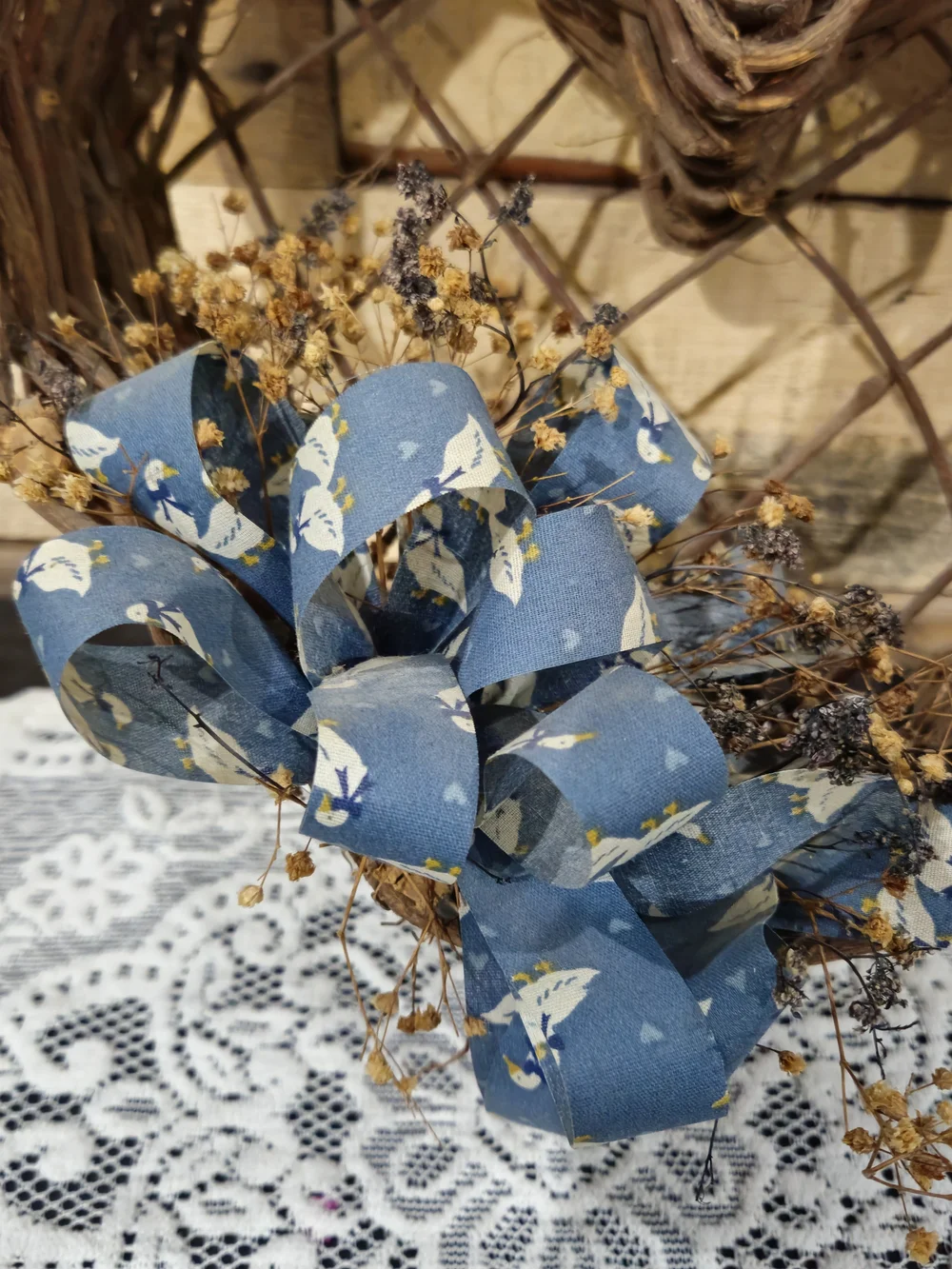 Rustic Heart Wicker Wall Accent with Blue Duck Bow